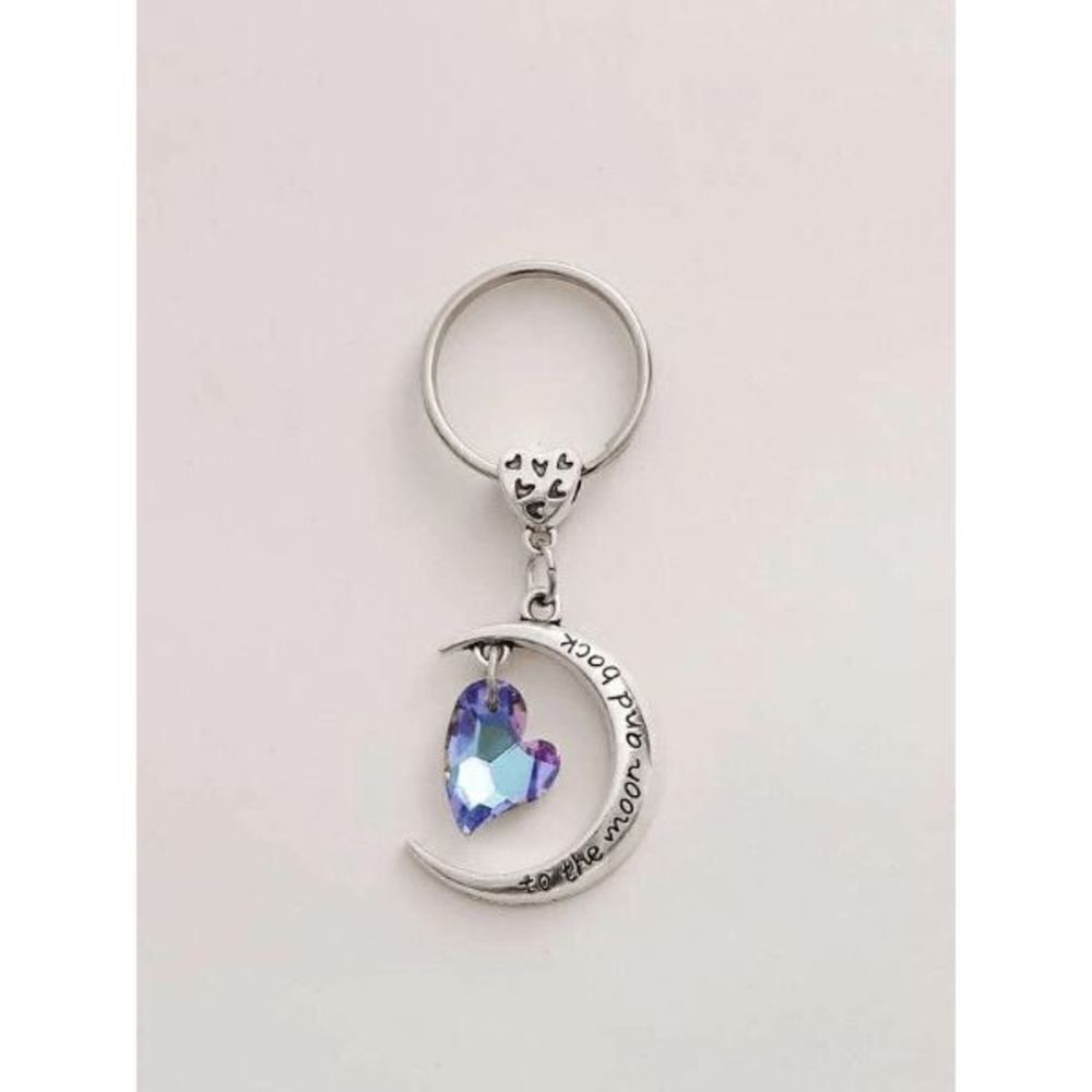 SILVER CRESCENT MOON MULTICOLOR HEART SLOGAN KEYCHAIN "TOO THE MOON AND BACK"